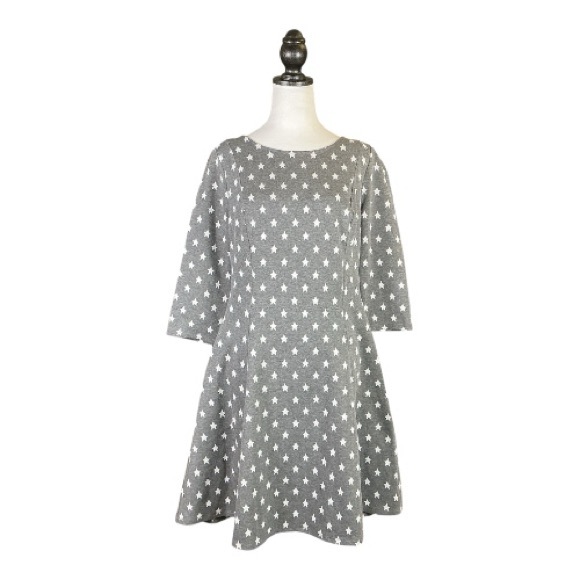 ModCloth Retro Grey & White Star Print Scoop Back 3/4 Sleeve A-Line Mini Dress L - Picture 2 of 7
